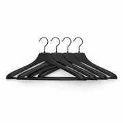 HAY Smooth Wide Coat Hangers Set of 4 Black displaying sleek and minimalist design for wardrobe organization.