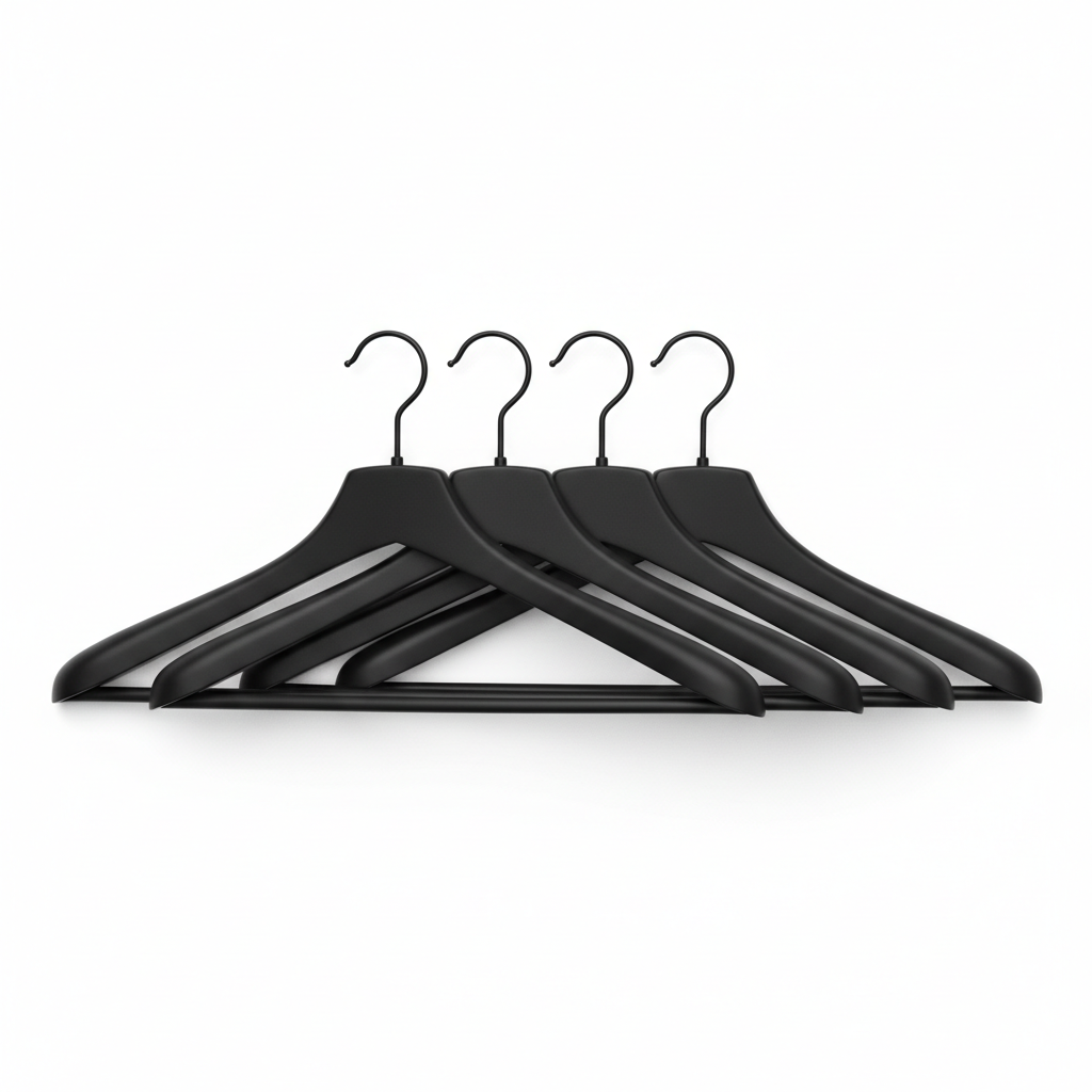 HAY Smooth Wide Coat Hangers Set of 4 Black displaying sleek and minimalist design for wardrobe organization.